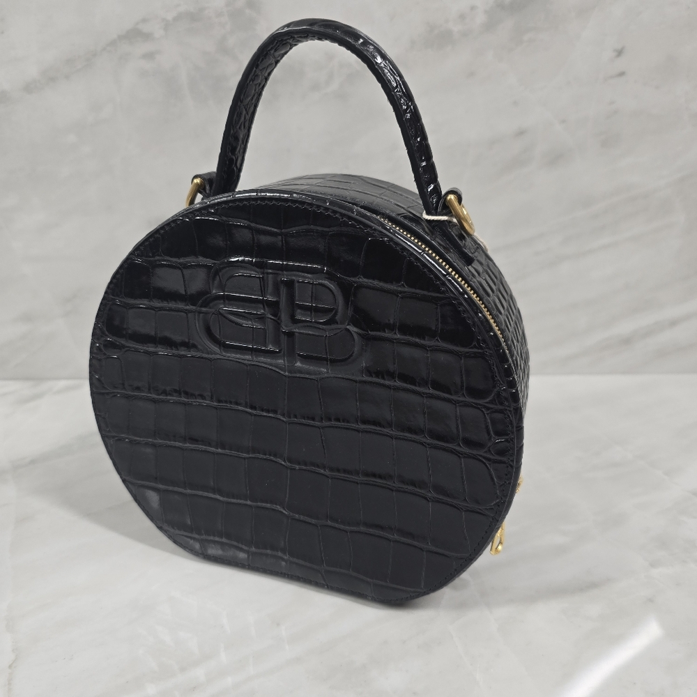 Balenciaga Black Croc-Embossed Round Handbag